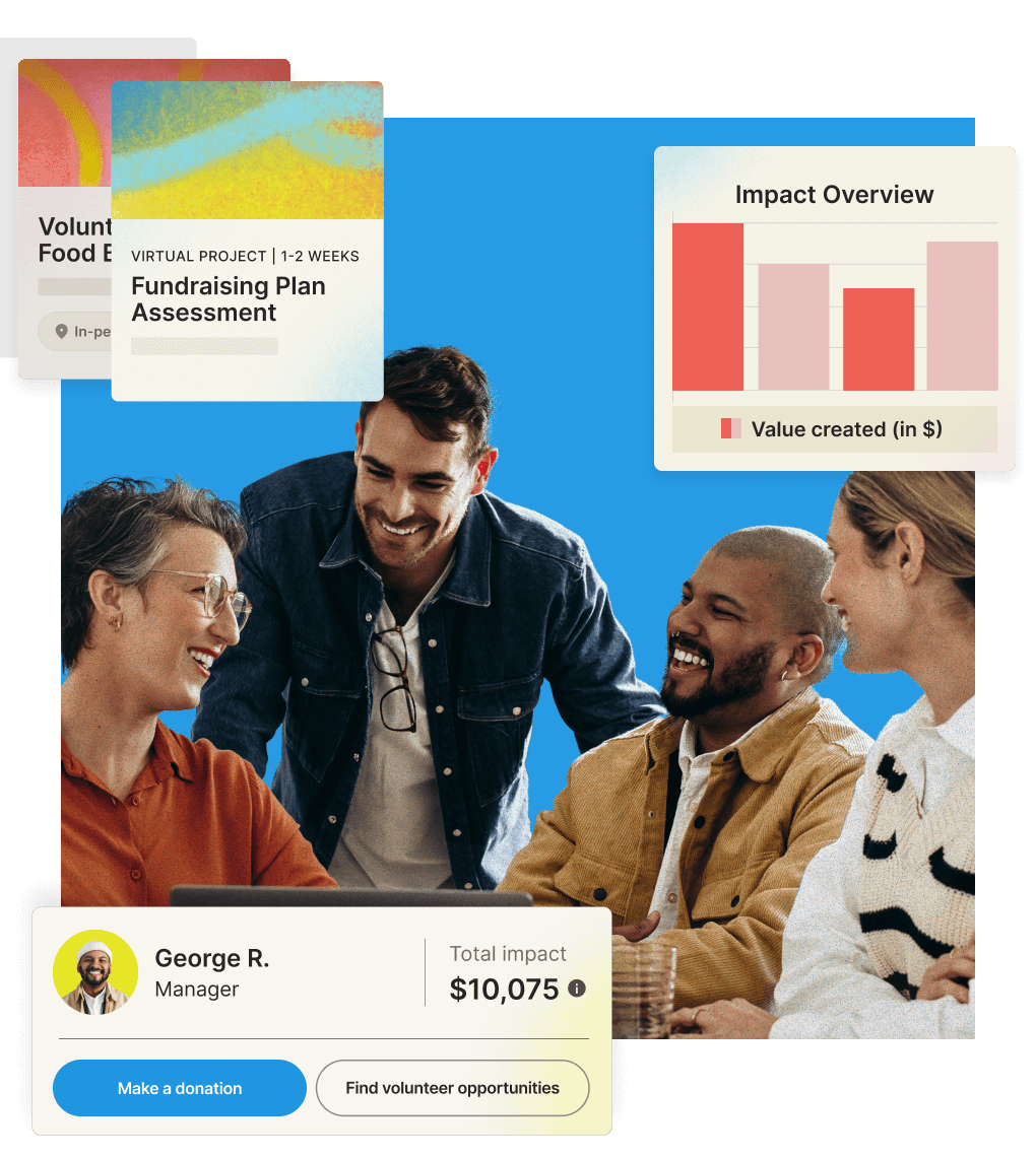 Group of smiling colleagues with illustrated platform UI elements around them