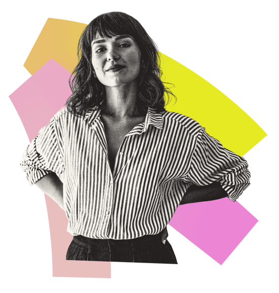 Graphic collaged image of a smiling woman