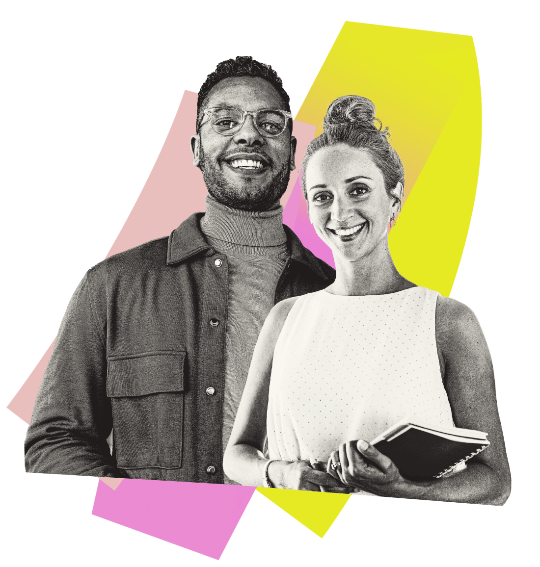 Graphic collaged image of a smiling colleagues Graphic collaged image of a smiling colleagues