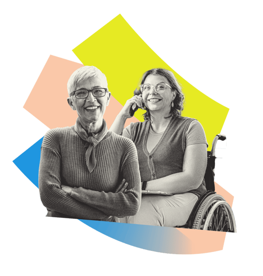 Graphic image of a smiling older woman with her arms crossed and a smiling middle-aged women in a wheel chair holding a phone