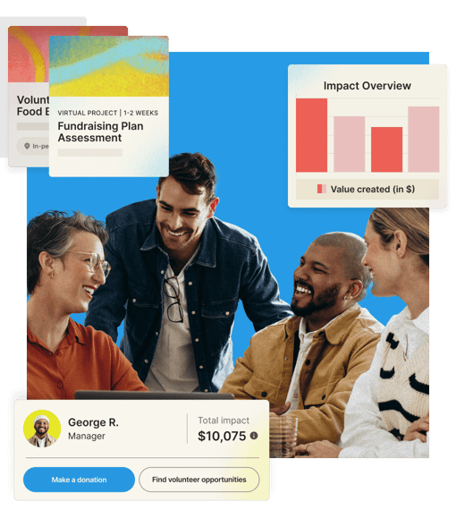 Group of smiling employees with illustrated platform UI elements around them