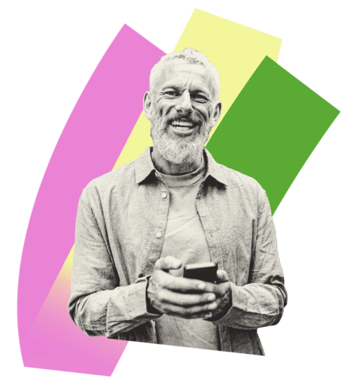 Graphic image of a smiling older man holding a phone