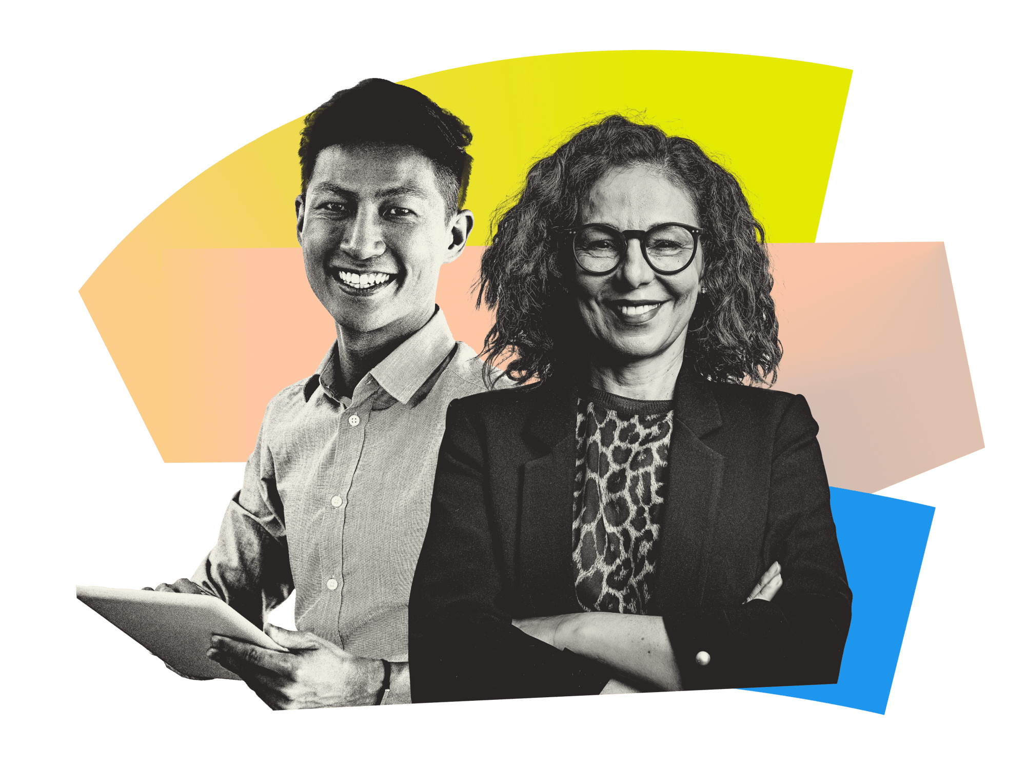 Graphic collaged image of a smiling woman and man with their arms crossed Graphic collaged image of a smiling woman and man with their arms crossed