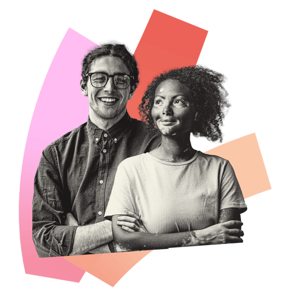 Graphic collaged image of a smiling man and woman with arms crossed