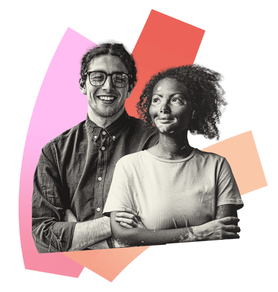 Graphic collaged image of a smiling man and woman with arms crossed Graphic collaged image of a smiling man and woman with arms crossed