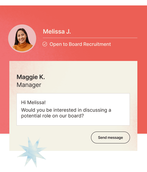 A manager sends a message to a volunteer who is tagged as open to board recruitment on Catchafire. 