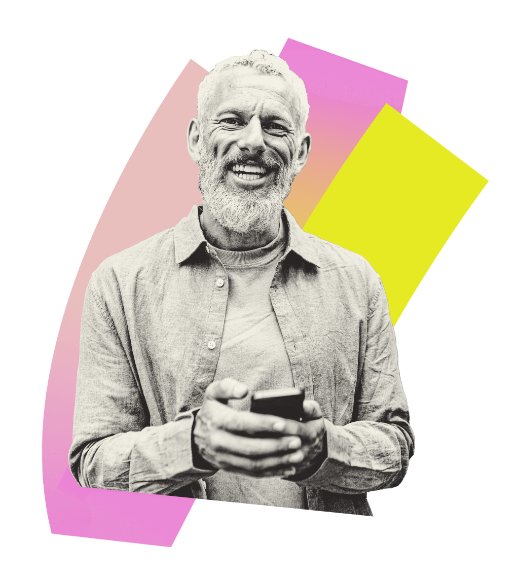 Graphic image of a smiling older man holding a phone Graphic image of a smiling older man holding a phone