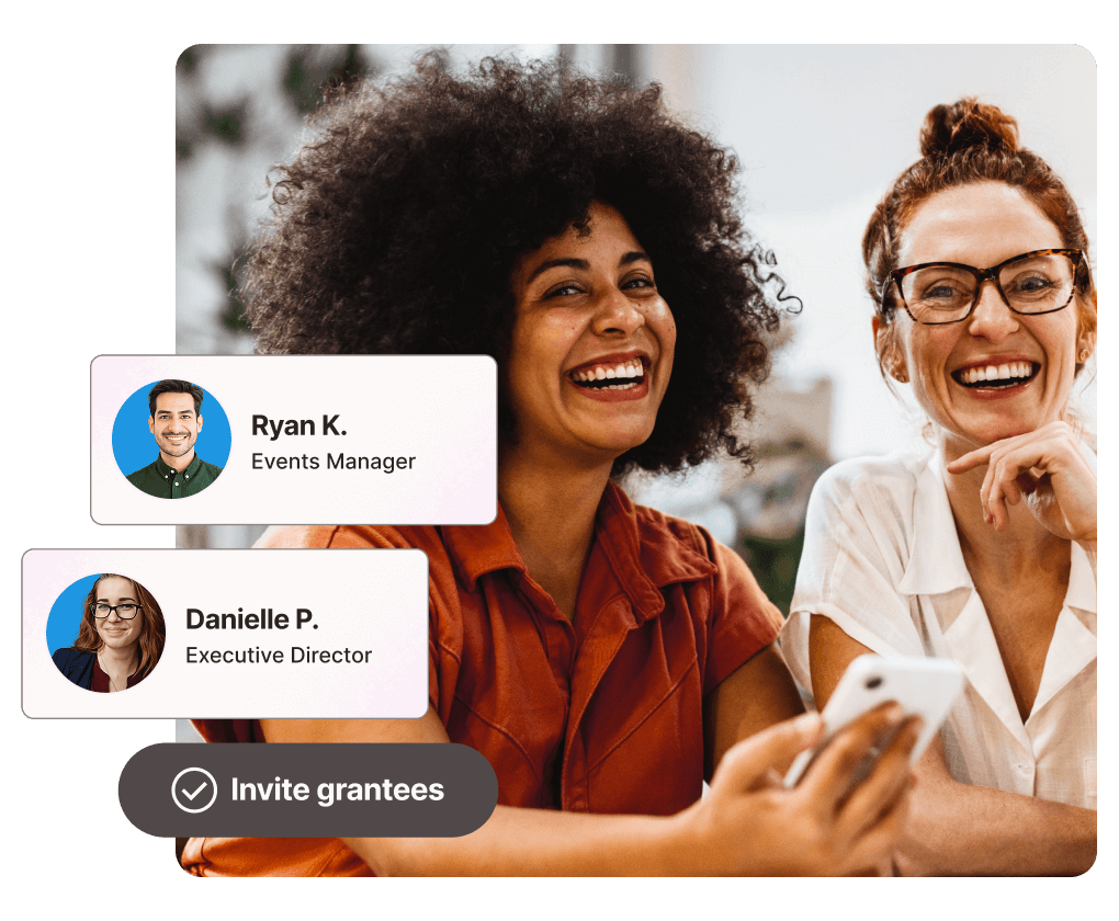 Two smiling woman inviting grantees to join Two smiling woman inviting grantees to join