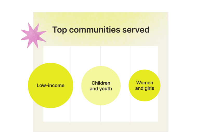 Product illustration of a chart showing top communities served on Catchafire.