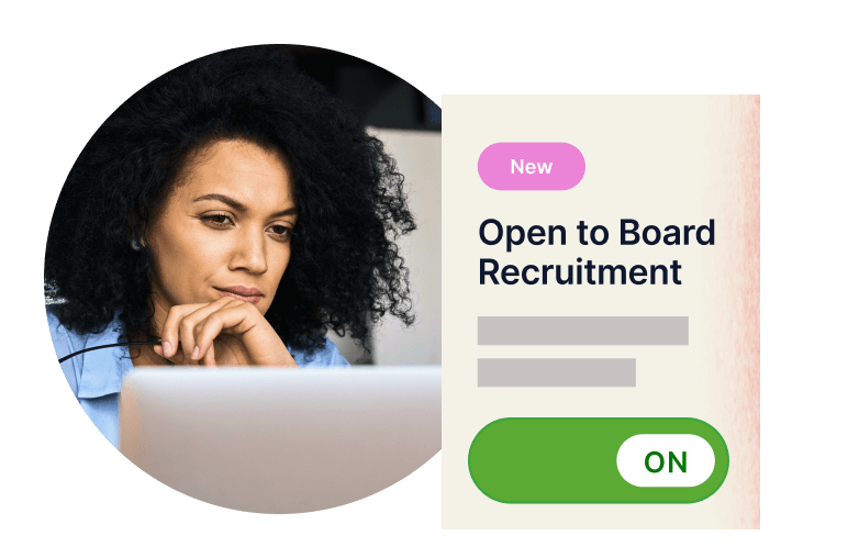 A volunteer is prompted to toggle 'on' for board recruitment on Catchafire